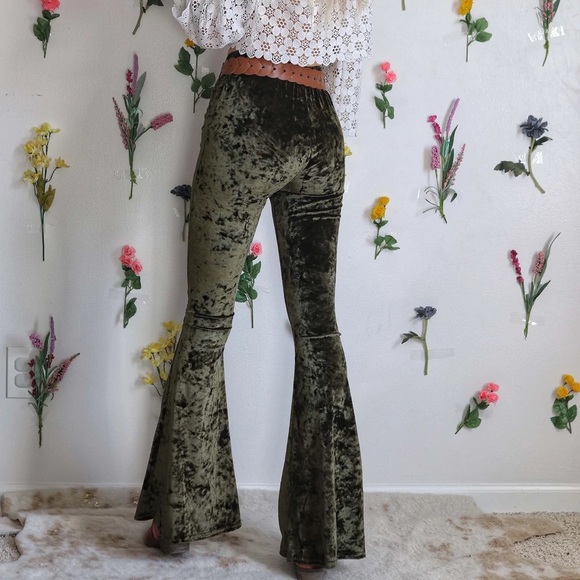 Olive Green Crushed Velvet Bell Bottom Flare Pants - Picture 8 of 12